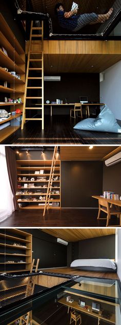 there are three pictures of the inside of a house with wood floors and ladders