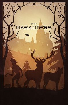 the maraaders movie poster with silhouettes of deer and trees in front of a castle