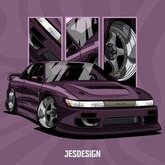 a purple car is shown in front of two windows with the word jesdesign on it