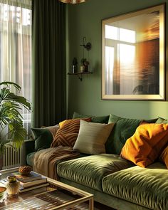 a living room with green walls and pillows on top of the couch, along with a coffee table