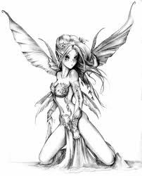 a black and white drawing of a woman with wings