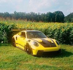 a yellow sports car parked in front of a field of sunflowers and bushes