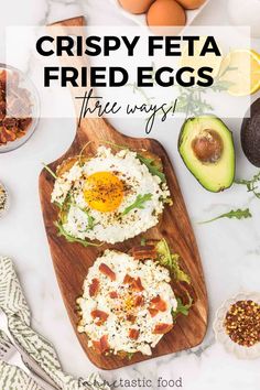 crispy feta fried eggs with bacon and avocado on a cutting board