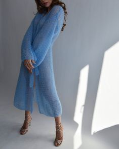 Hello, I'm the one, who won't let you down - blue mohair cardigan. I will comfort you, keep you warm and will make you smile. I'm 100% hand made and proud of that. I consist of 70% kid mohair and 30% of nylon, which makes me incredibly natural. I'm quite unique as could be worn all year long. I'm in one size and one size fits all because my measurements are : ❤️ Width -52 cm ❤️ Lengths -123 cm If you would like me in other size, you could request a custom order with your own parameters, so do no Tight Blue Dress, Fuzzy Sweater Outfit, Long Oversized Cardigan, Pull Mohair, Loose Knit Cardigan, Chic Cardigan, Maxi Kimono, Light Cardigan, Maxi Cardigan