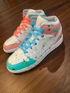 - Custom painted Air Jordan 1 Mids - Each order is individually painted - Handmade and custom-made - No returns Casual Blue Custom Sneakers With Paint Splatter, Artistic Blue Custom Sneakers With Waterproof Paint, Air Jordans Pink, Jordans Pink, Jordan 1 Mids, Leather Paint, Air Jordan 1 Mid, Custom Painted, Jordan 1 Mid