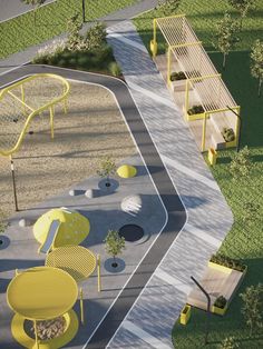 an artist's rendering of a playground with yellow chairs and tables in the foreground