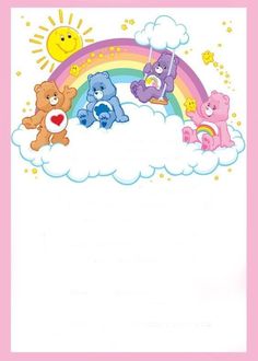 a group of teddy bears sitting on top of a cloud with a rainbow in the background