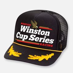 Classic trucker hat featuring Winston Cup Series Nascar Racing. Adjustable snap back One size fits most Moldable bill Trucker Baseball Cap With Visor For Sports Events, Trucker Visor Baseball Cap For Sports Events, Trucker Snapback Hat For Sports Events, Trucker Snapback Hat With Curved Brim For Sports, Sports Trucker Hat, Fan Merchandise Snapback Trucker Hat, Team-colored Flat Bill Trucker Hat For Streetwear, Team-colored Trucker Hat With Curved Bill, Custom Logo Trucker Hat, One Size Fits Most