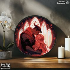 an image of a disney princess and prince silhouette on a wall with candles next to it