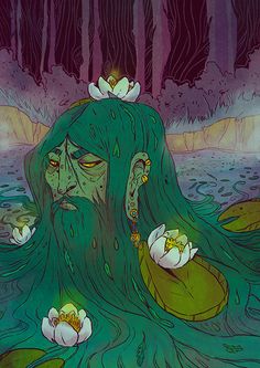 an illustration of a woman with long hair and flowers on her head in the water