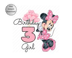 minnie mouse birthday girl with pink balloons and the number three on it's face