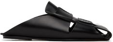 Handcrafted polished calfskin slip-on sandals in black. · Square toe · Suede lining · Leather sole Supplier color: Black Formal Open Toe Calf Leather Slides, Formal Calf Leather Open Toe Slides, Formal Open-toe Calf Leather Slides, Calf Leather Slip-on Slides With Leather Sole, Designer Slides With Leather Footbed For Formal Occasions, Formal Calf Leather Slides With Leather Footbed, Black Leather Slip-ons For Evening, Black Leather Evening Slip-ons, Black Slip-on Mules In Calf Leather