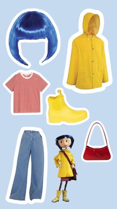 the doll is wearing yellow raincoats and has blue hair, boots, and a handbag