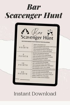 the bar scavenger hunt is displayed on a tablet screen with text below it