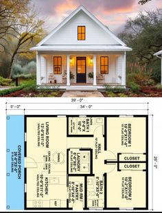 the floor plan for a small house with two rooms and an attached garage is shown