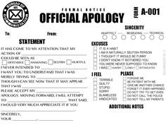 the official apoloy form is shown in black and white