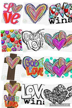 the word love is written in many different colors and shapes, with hearts on each side