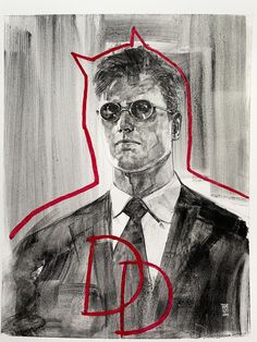 a drawing of a man wearing glasses and a suit with the letter d on it