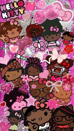 a bunch of stickers that are on top of a pink background with the words hello kitty