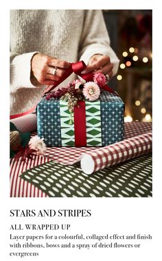 a woman is wrapping presents with red and green ribbons on her christmas present wrapper