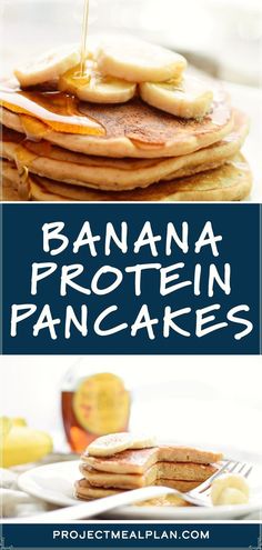 banana protein pancakes on a plate with syrup