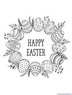 a black and white drawing of an easter wreath with the words happy easter on it