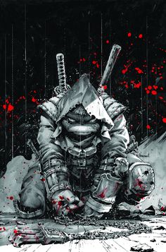 a drawing of a man holding a knife and wearing a helmet with blood splatters all around him