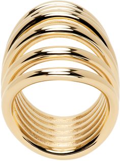 Tiered ring in gold-tone brass. Cutouts at face. Supplier color: Or Gold-tone Polished Metal Rings, Gold-tone Metal Rings With Polished Finish, Luxury Gold-tone Brass Rings, Modern Gold-tone Metal Rings, Big Ring, Fringed Belt, Lipstick Bag, Chain Strap Bag, Big Rings