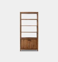 the shelving unit is made out of wood and has two shelves on each side