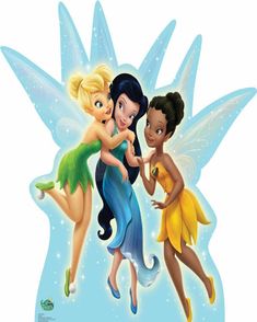 three cartoon tinkerbells are flying in the sky with their tails around each other