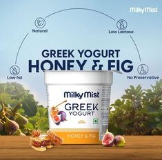 greek yogurt and figs on a table with the words, greek yogurt honey & fig