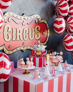 a circus themed birthday party with red and white striped decorations