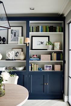 the bookshelves in this room are painted blue