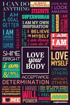 a poster with words written in different languages and colors, including the word love your body