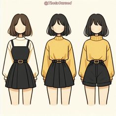 three different views of a woman in black and yellow dress with long sleeves, standing next to each other