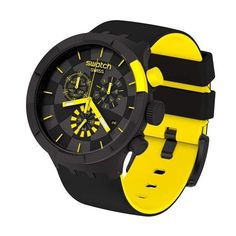 a black and yellow watch on a white background