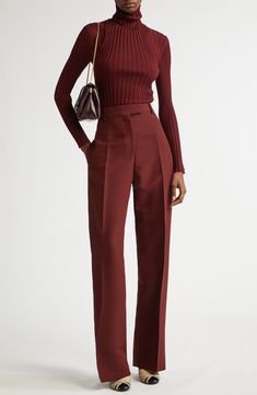 A bordeaux-inspired hue saturates this widely ribbed sweater topped with a cuffed turtleneck trimmed with lettuce edges. 23" length (size Medium) Turtleneck Long sleeves Partially lined 100% wool Dry clean Made in Italy Designer Clothing Burgundy Pants Women, Maroon Work Outfit, Classic Trousers Women Outfit, Burgundy Work Outfit, Burgundy Monochrome Outfit, Wool Trousers Women Outfit, Fall Black Pants, Maroon Pants Outfit Work, Business Casual 2024