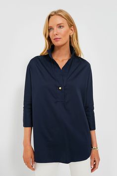 Navy Willow Blouse | Tuckernuck Blouse And Jeans Outfit, Stylish Outfits For Women Over 50, Spring Capsule Wardrobe, Cotton Poplin Fabric, Top Outfit, Jeans Outfit, Wardrobe Basics, Poplin Fabric, Gold Buttons