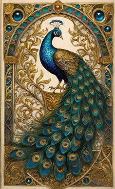 a painting of a peacock with gold and blue feathers on it's tail, in front of an ornate frame