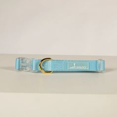 a small blue dog collar with a gold ring on it's end, sitting on a white surface