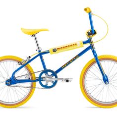 a blue and yellow bike is shown against a white background