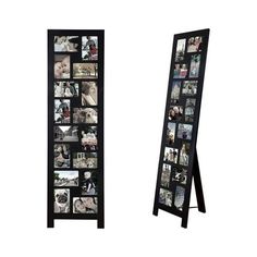 two black standing mirrors with pictures on the front and back sides, each displaying different people's photos