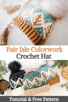 the fair isle colorwork crochet hat pattern is shown