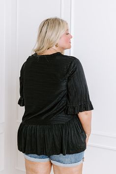 You will look like an absolute cutie when you complete your look with our simple black plus size 'Good Lighting Shift Top' featuring lightweight material, a rounded neckline, short sleeves with subtly ruffled cuffs, and a relaxed silhouette that falls into a ruffled peplum hemline! Measurements XL : Bust 46", Hip 50", Length 29", Sleeve Length 14", Waist 48". 1XL : Bust 48", Hip 54", Length 29", Sleeve Length 14", Waist 50". 2XL : Bust 50", Hip 56", Length 30", Sleeve Length 14.5", Waist 52". Good Lighting, Black Plus Size, Cropped Flares, Rounded Neckline, Model Fits, Women Clothing Boutique, Cool Lighting, Online Womens Clothing, Distressed Jeans