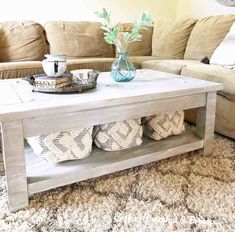 a living room with a couch, coffee table and pillows on the carpeted floor