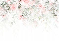 watercolor painting of pink roses and green leaves on white background with space for text