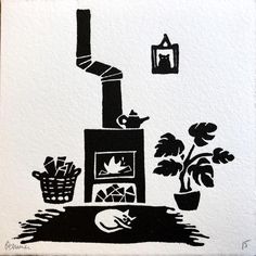 a black and white drawing of a stove with potted plants