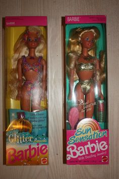 two barbie dolls are shown in their packaging