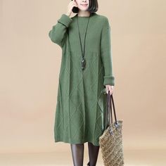 2018 spring green sweater dresses casual pullover vintage sweaters - Omychic Green Sweaters, Winter Coat Dress, Green Sweater Dress, Sweater Dress Casual, Boho Summer Outfits, Maxi Outfits, Loose Dresses, Maxi Cardigan, Trendy Dress Outfits