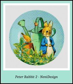 a cross stitch pattern with peter rabbit and bunny in the garden, holding a watering can